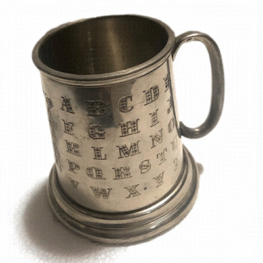 Vtg Birks Pewter Childs Mini Cup Mug Alphabet Letters Numbers Space To Engrave